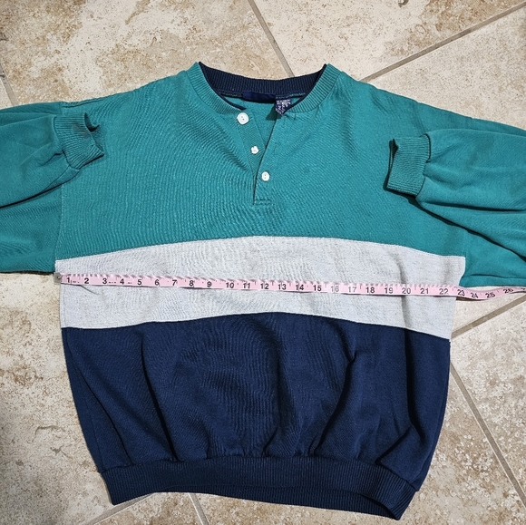 Fremantle M 80s Colorblock Henley Sweatshirt Preppy VTG Rare Worn Green Navy - Picture 6 of 7